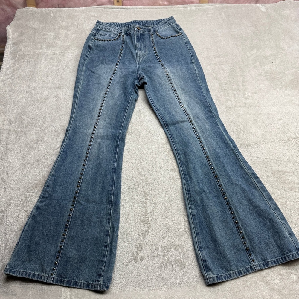 Cider Flare Jeans Womens Medium Blue Studded Hi Rise Wide Leg Western Boho Denim